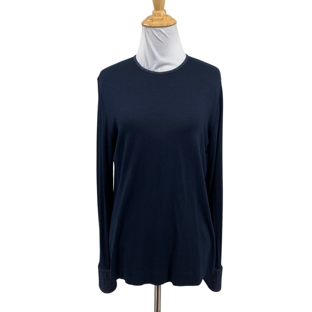 Akris Punto Top Womens 12 Navy Punto Fine Gauge Knit Crew Neck Long Sleeve